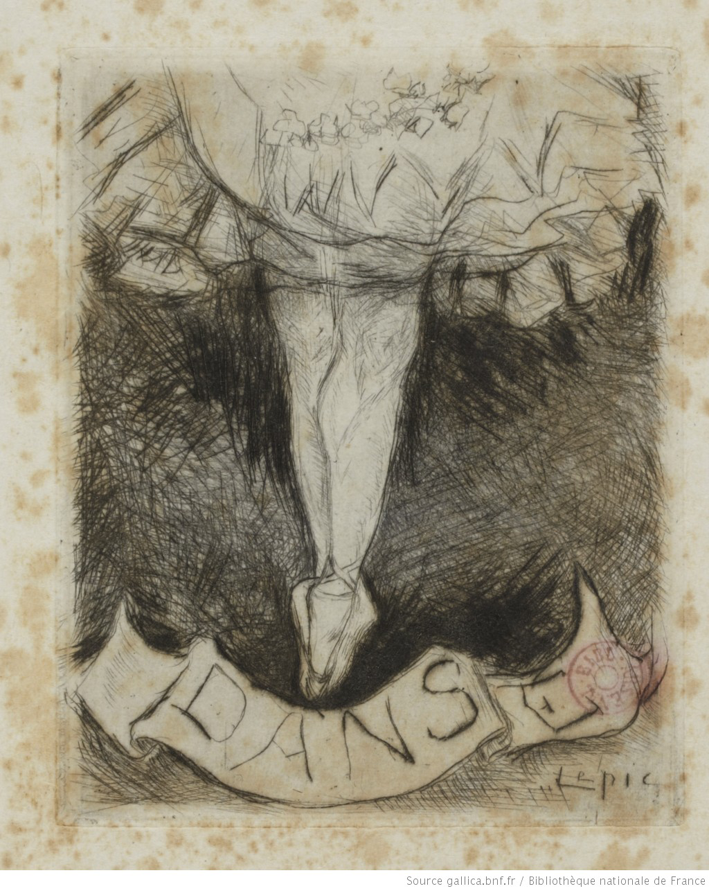 A sketch of two legs under a dress or tutu that are leaning against each other, Under it is a banner with the word &ldquo;DANSE&rdquo; written.