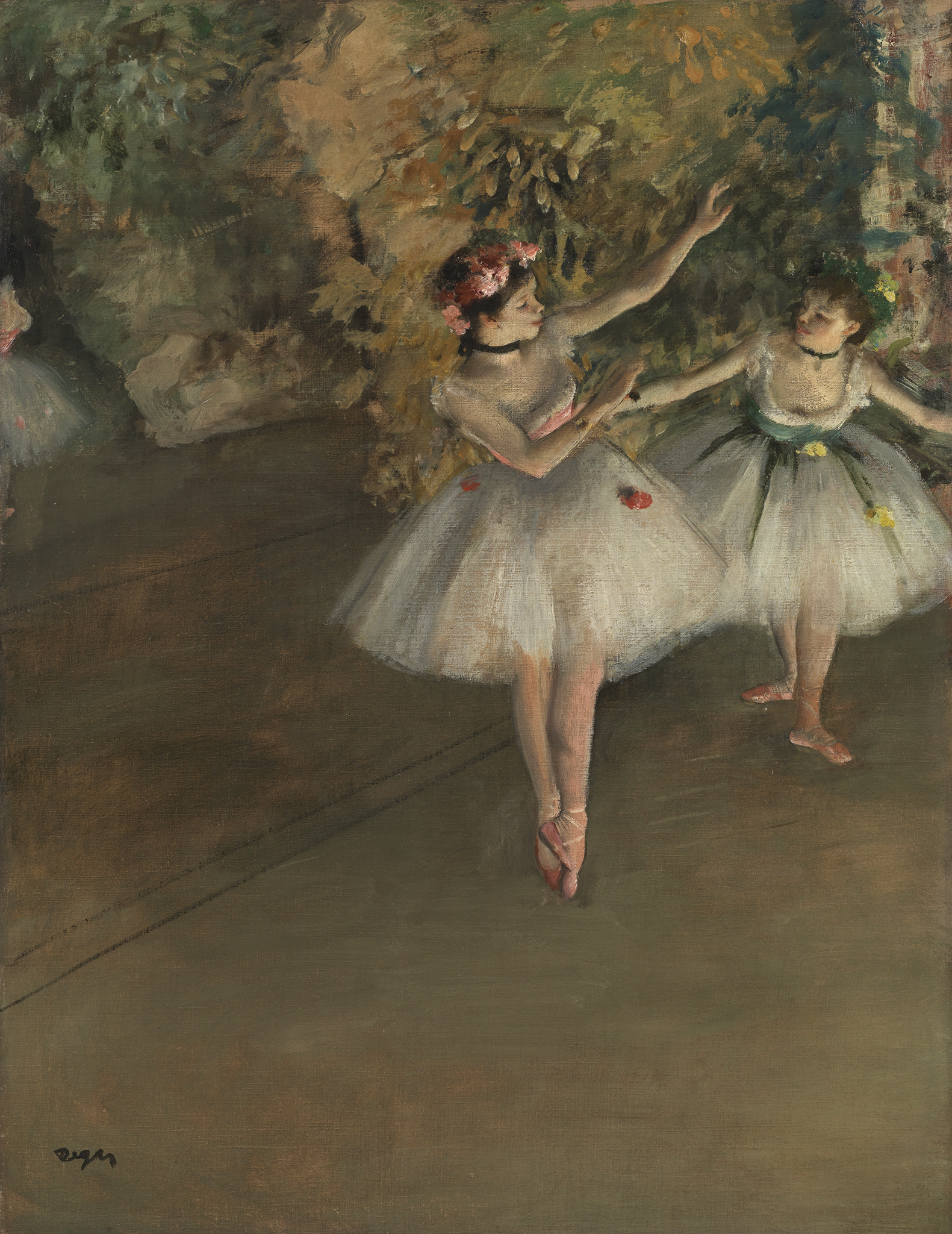 A pastel drawing depicting two young girls performing a ballet act on a wooden stage.  The girl in front stands up on her tippy-toes and rises both of her arms up at an angle. She wears a crown made out of red flowers along with a white tutu. Behind her, another girl seems to be slightly bent forward with her arms stretched out to her sides. She wears a crown with green and yellow flowers along with a white tutu. They appear to be in the middle of a ballet recital. The background consists of green and brown leaves.