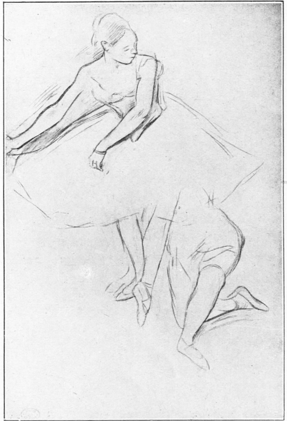 A lead drawing of the outline of a woman wearing a tutu. Her arms are stretched out to the right side. Under the tutu or dress, there seems to be a figure’s lower body and legs sticking out.