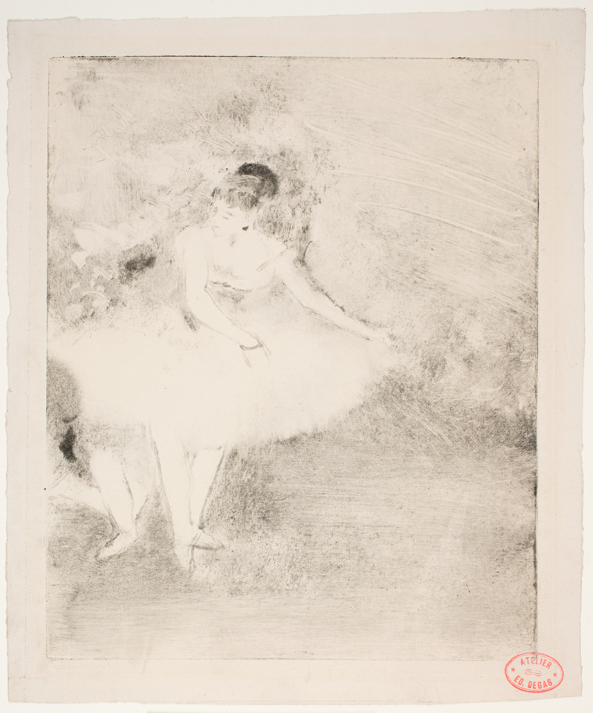 A black and white printing depicting an outline of a woman holding the edge of her tutu. In the print, there is also an additional set of legs near her.
