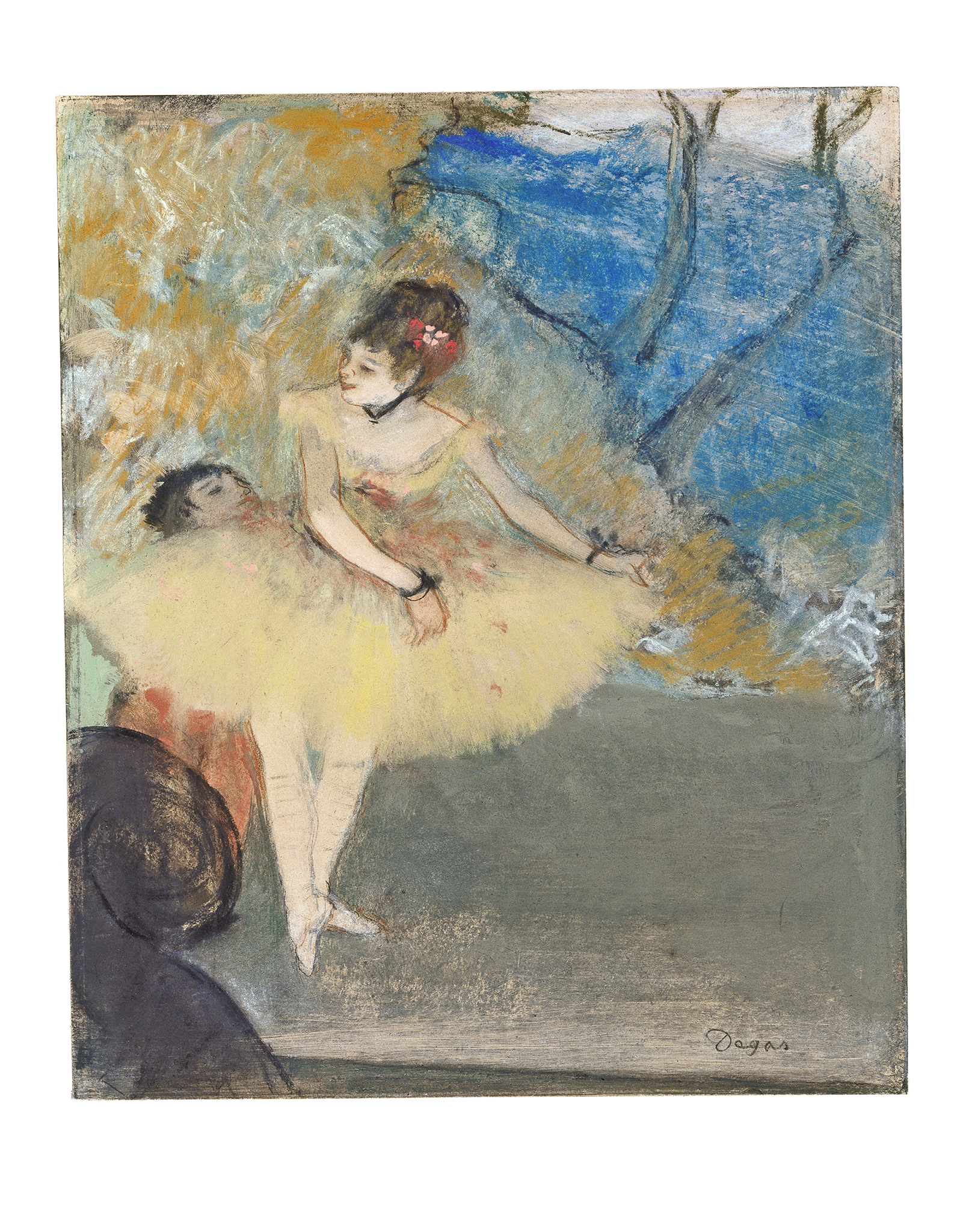A pastel and watercolor painting of a woman in a yellow tutu preforming a ballet dance. She has her arms stretched out to her left and one of her feet is standing up straight. She has brown hair with a red flower or tie attached to it. Behind the left side of her tutu, we can see the face of another young child wearing orange. The background is made up with an assortment of colors like blue, orange, and green.