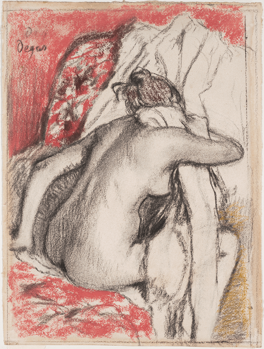 A seated nude seen from behind bends forward and dries her neck with a large towel. The scene is depicted in black, white, and rose.