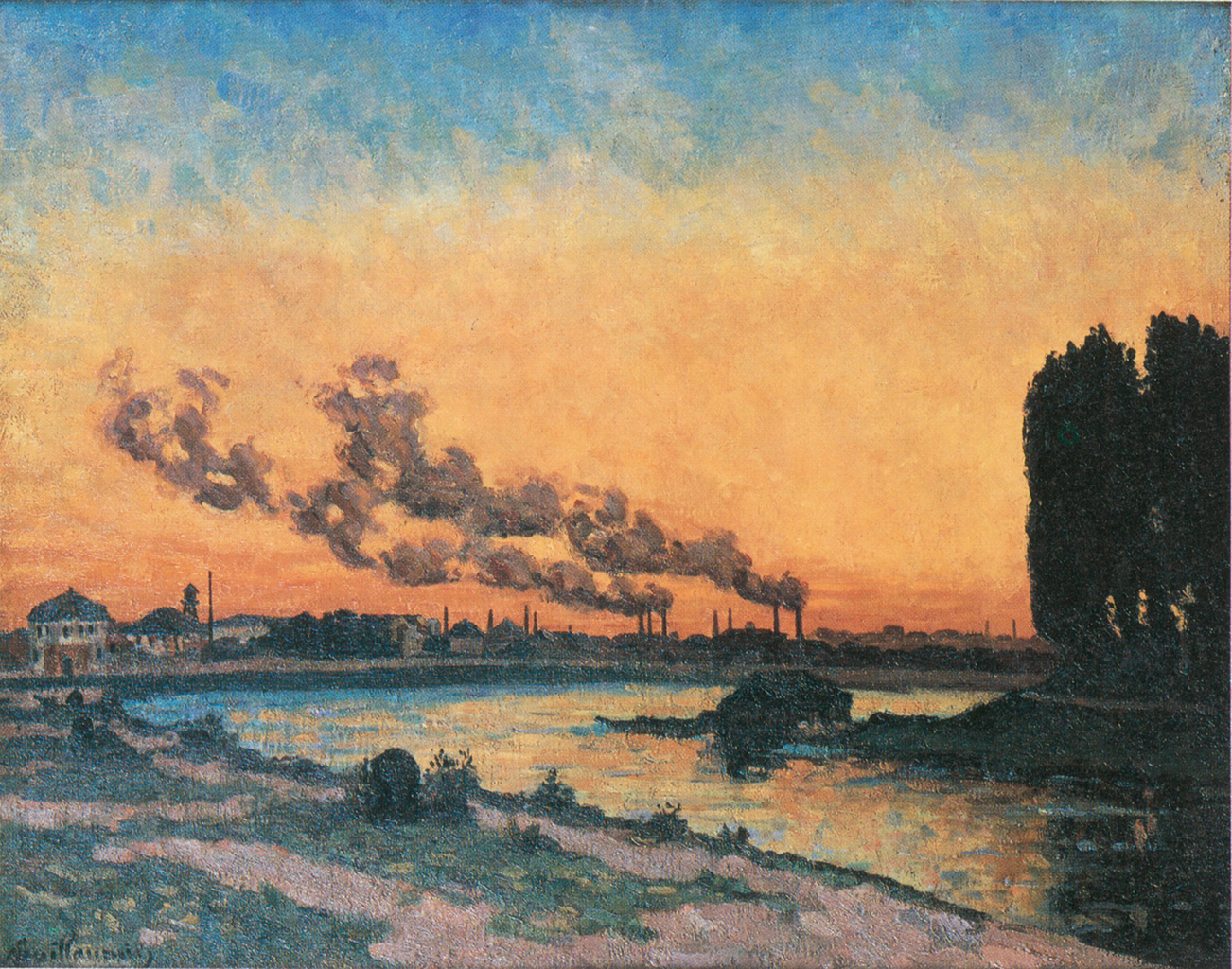A painting depicting a view of a river at either sunset or sunrise. The orange and blue sky reflects off of the river below. In the background, is the skyline of a small city. The large chimneys also puff out large amounts of smog and smoke into the air.
