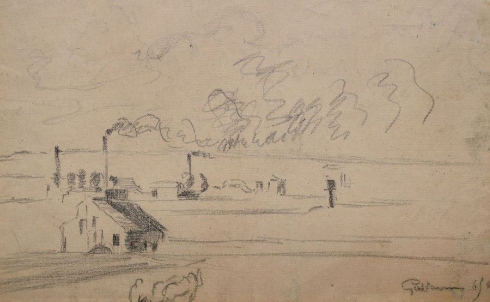 A sketch of a small section of a town that focuses on a large field a couple of buildings, and the light emissions from the factory chimneys.