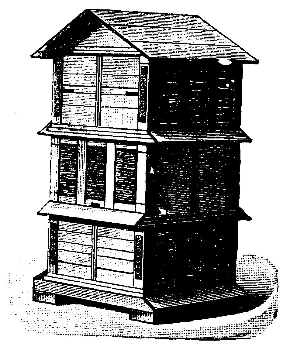 A black and white image of a wooden structure with sloped roofs.