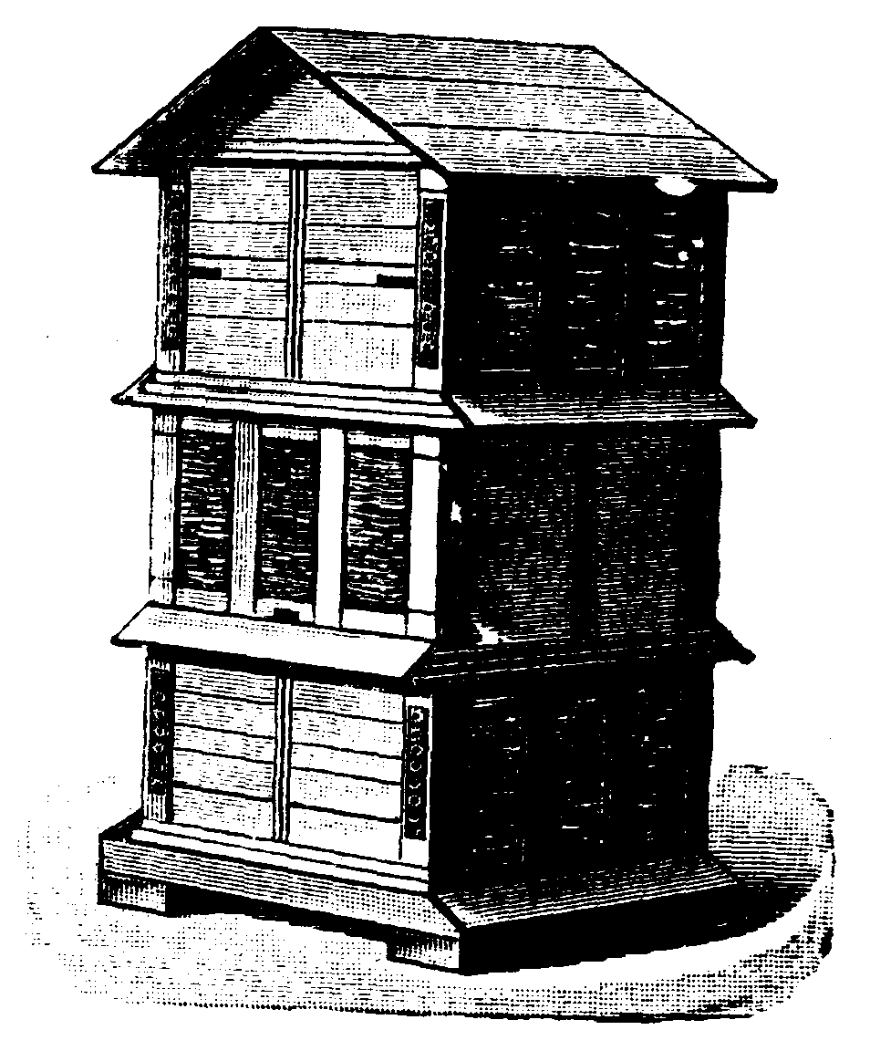 A black and white image of a wooden structure with sloped roofs.