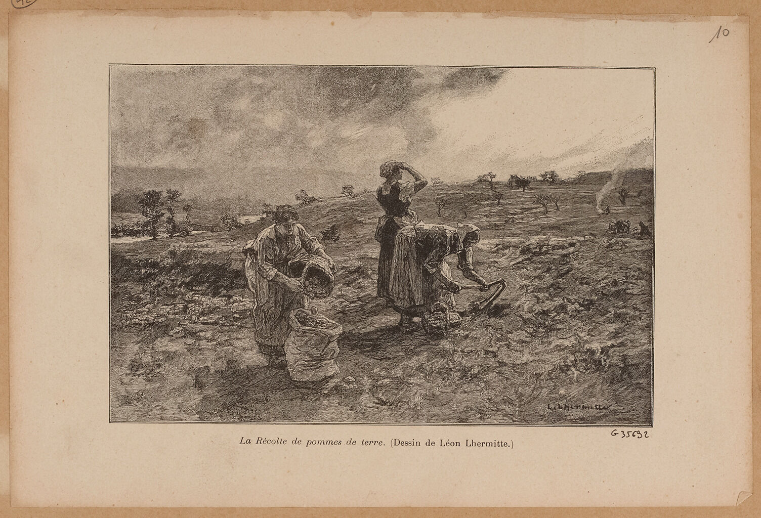 A black and white image of three women working in a field. One is bending over and using a hoe. Another woman dumps her basket of crops into a larger bag.