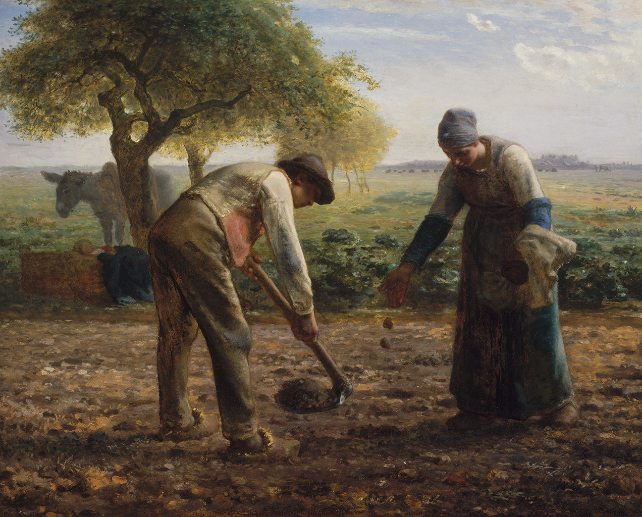 A painting of a man and woman in a dirt field. The man is dragging a tool through the dirt while a woman is seemingly dropping seeds into the holes. In the background there is a tree with a donkey standing under it.