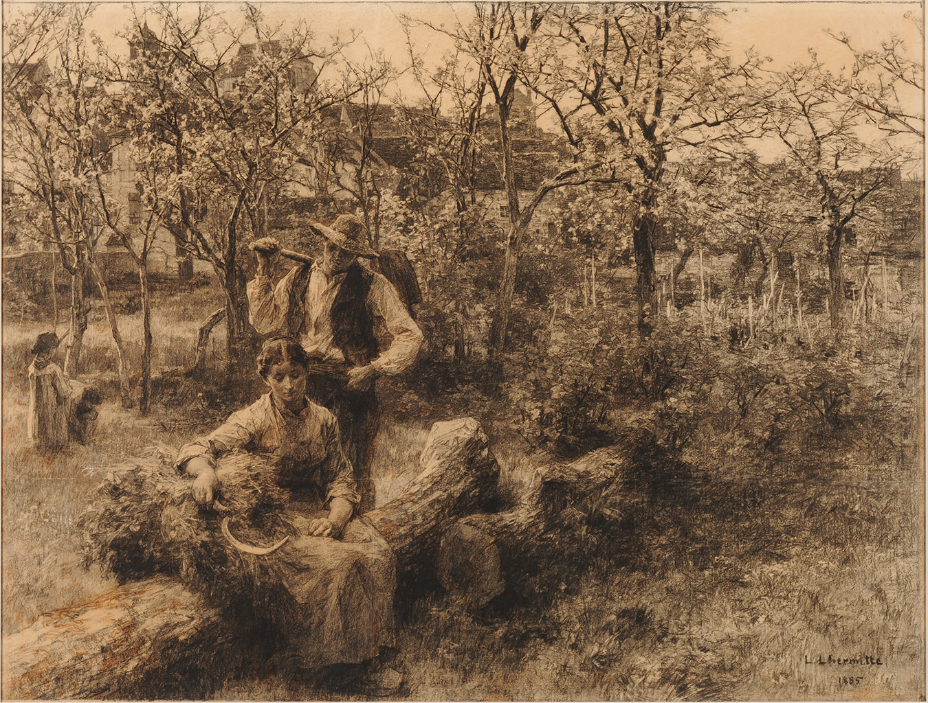 A charcoal drawing of a woman sitting down on a fallen tree log. Behind her, a man stands holding an axe watches her. In the background there are more trees which cover up a small town.