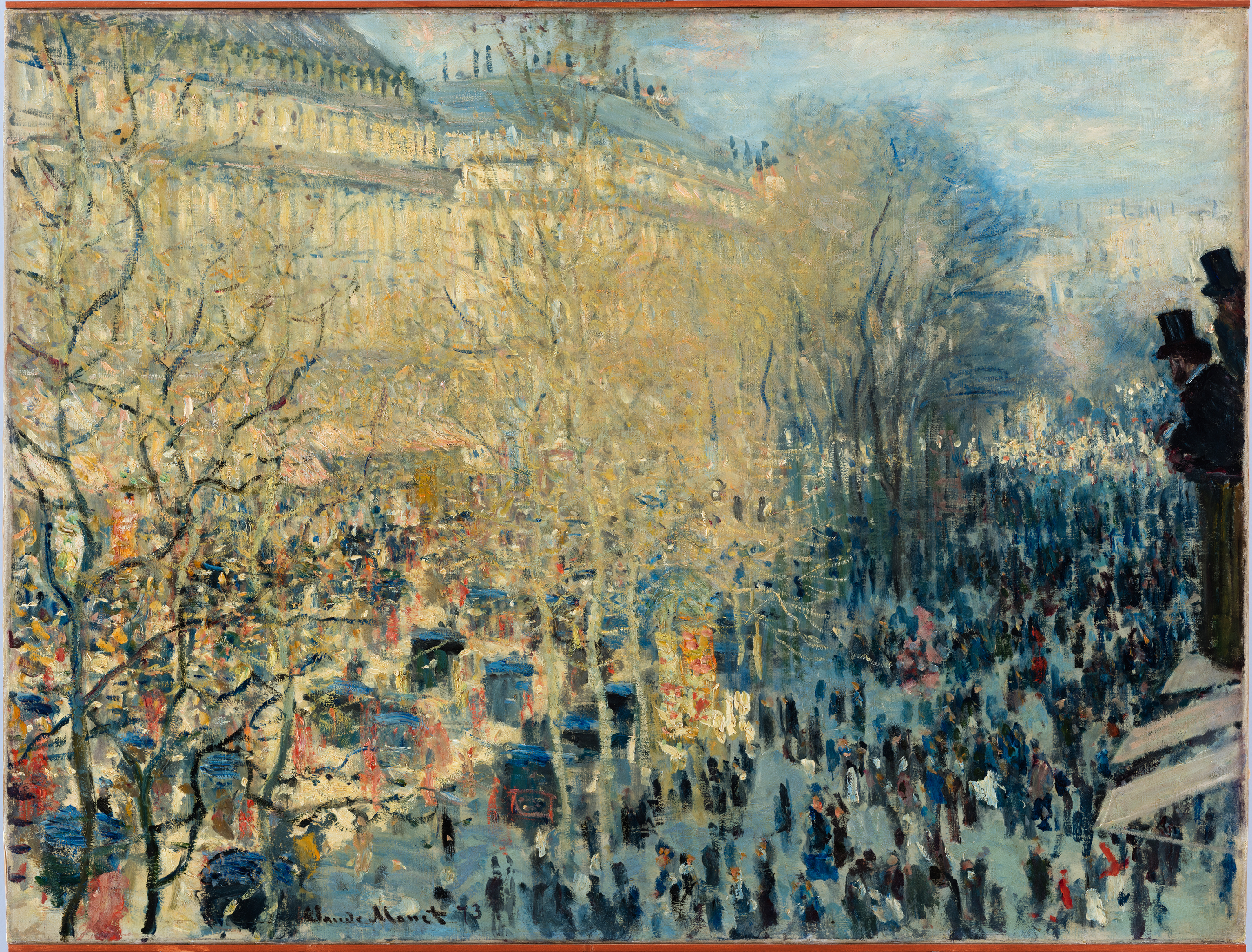 A painting depicting a street with hundreds of people walking down it along with dozens of carriages. Between them, are rows of leafless trees. On the other side are large and long buildings along the street. To the right in the foreground, there are two men wearing black top hats watching the crowd.