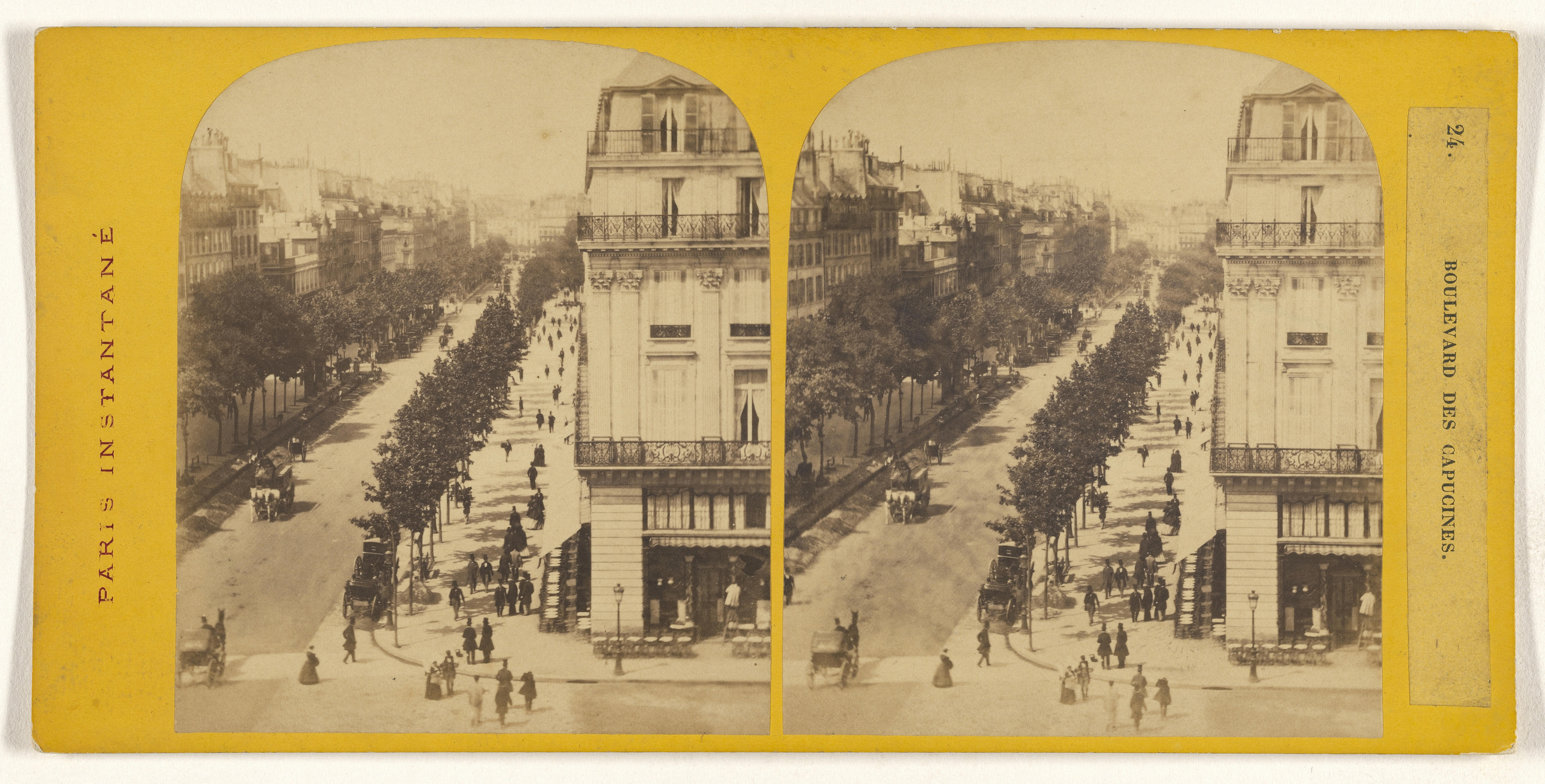 Two black and white photographs side to side in a yellow frame. The images depict a street aligned with trees and a row of buildings.