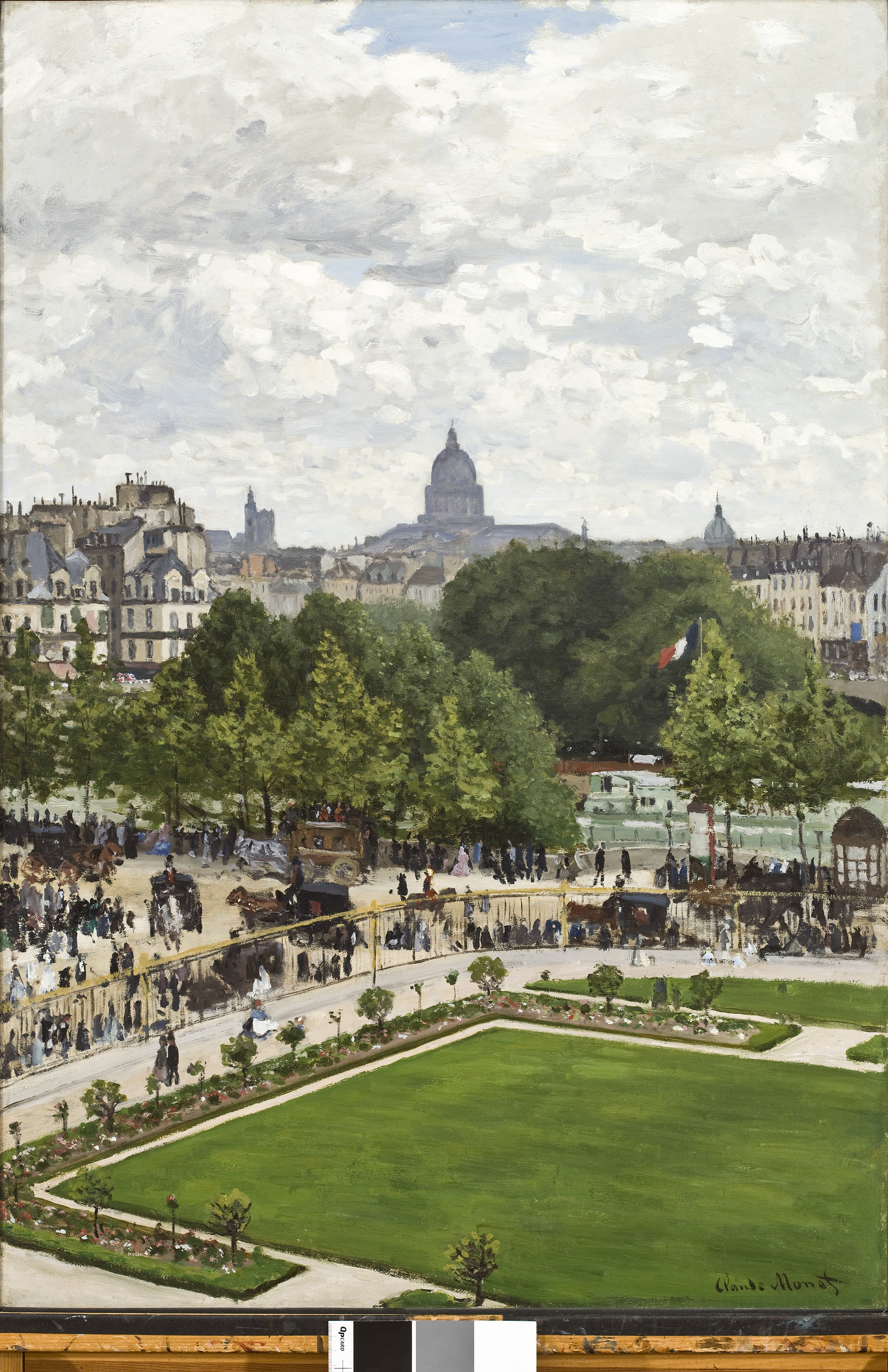 A painting depicting a green garden surrounded by people walking along a road. Behind them is a row of trees which are towered by a skyline of buildings. The sky above them is filled with white clouds.