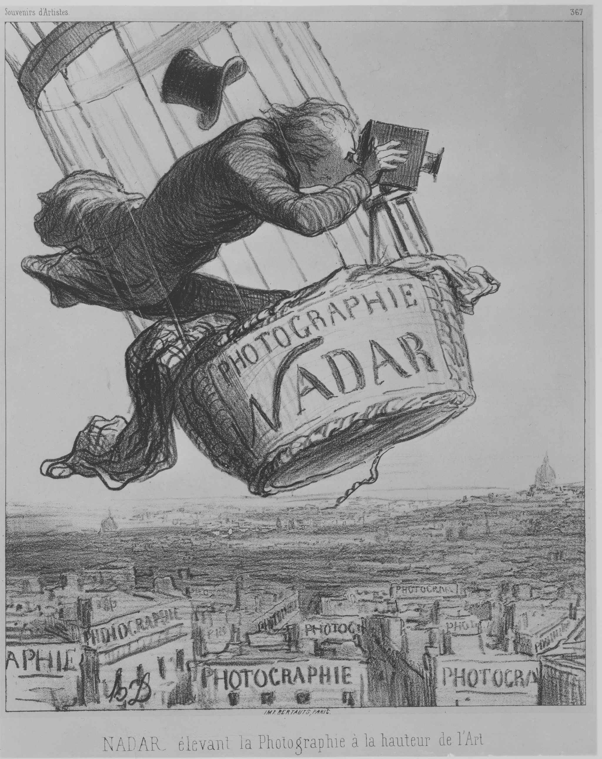 A sketch of man of riding along in the basket of a hot air balloon. He has his head pressed up against a camera and his top hat flying off above him. The basket has the words &ldquo;PHOTOGRAPHIE NADAR&rdquo; written on it. The basket is high above the buildings and landmarks below.