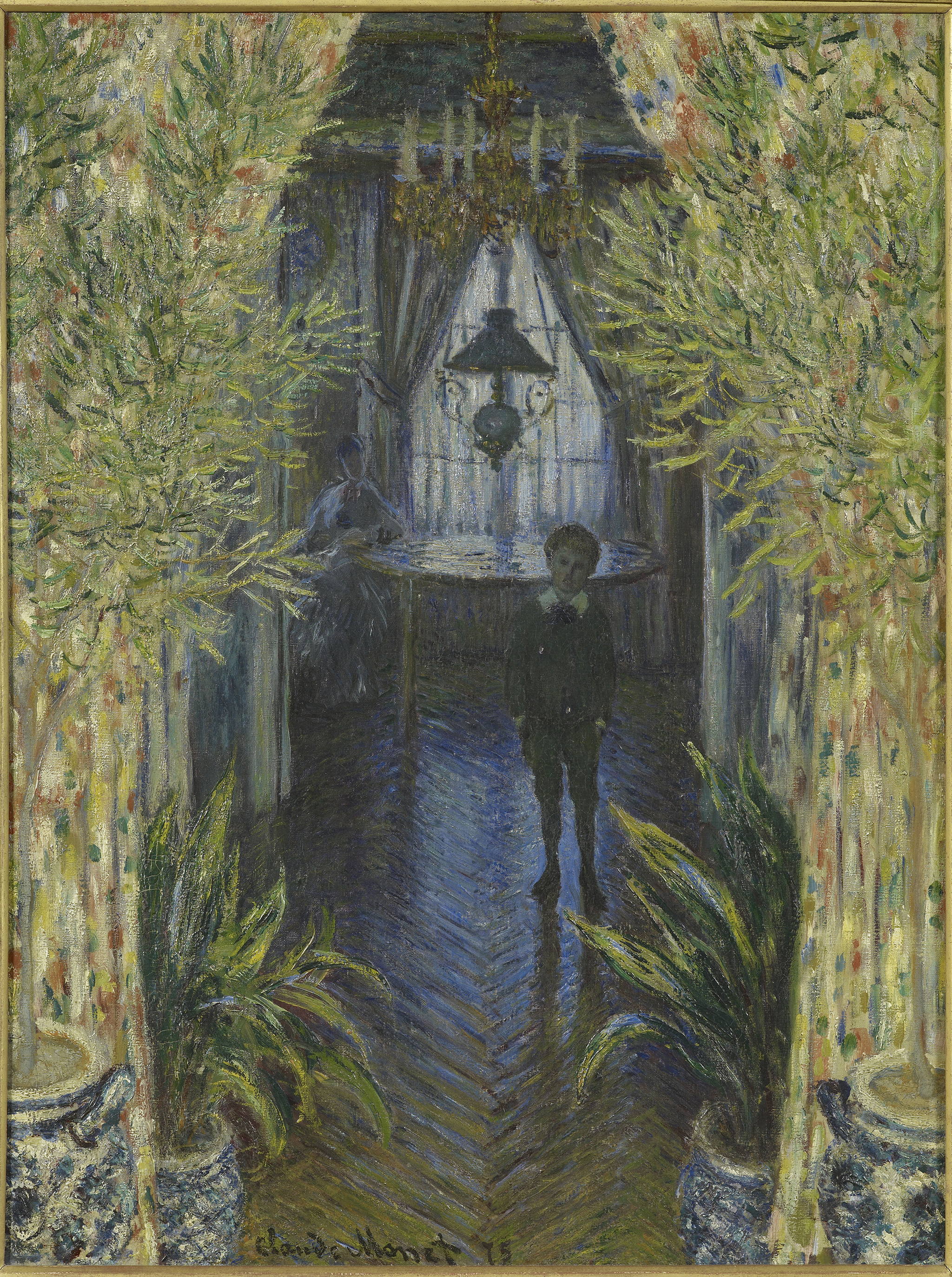 A painting depicting a young boy standing on a wooden floor in a dark blue hallway under a gold chandelier. To the sides of the painting have green plants sprouting out from blue and white vases. In the background there is a woman sitting at a circle table under a large window.
