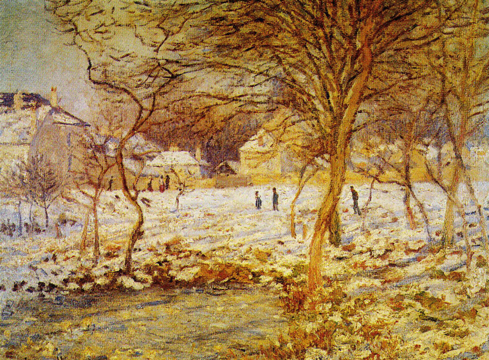 A painting a pond under a series of trees. Behind people stand and walk through a snowy field. In the background, there are buildings aligned against a wall.