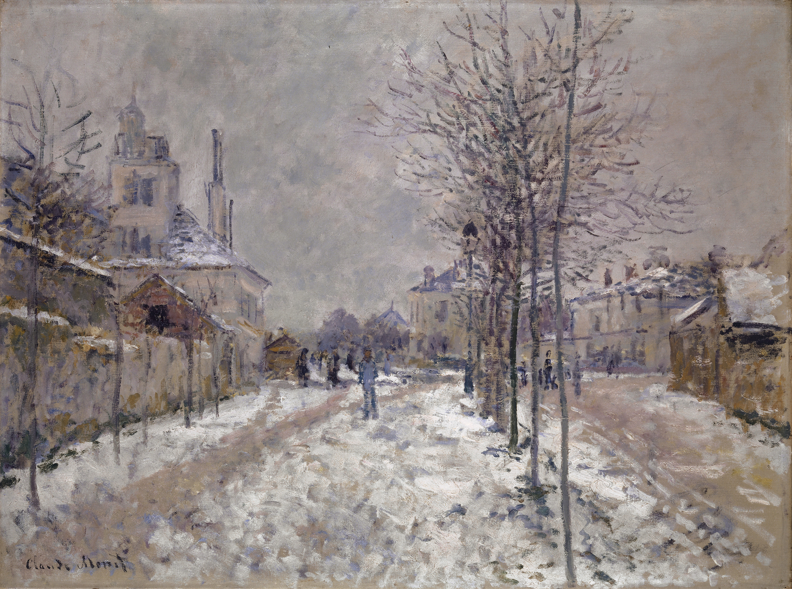 A painting of a road covered in snow which cuts through a town. Along it, people walk, and thin leafless trees stand. To the right and left of it are a series of buildings and homes. The sky is a cloudy and gray.