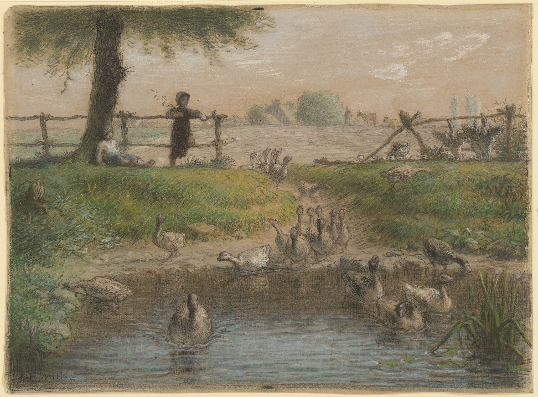 A sketching a gaggle of geese marching along a dirt path into a reflective pond. On the left side of the sketch, a child lays against a tree while other leans on a wooden fence. In the background, there is a light brown field with a man standing near two cattle. Behind that seems to be a series of roofs from buildings.
