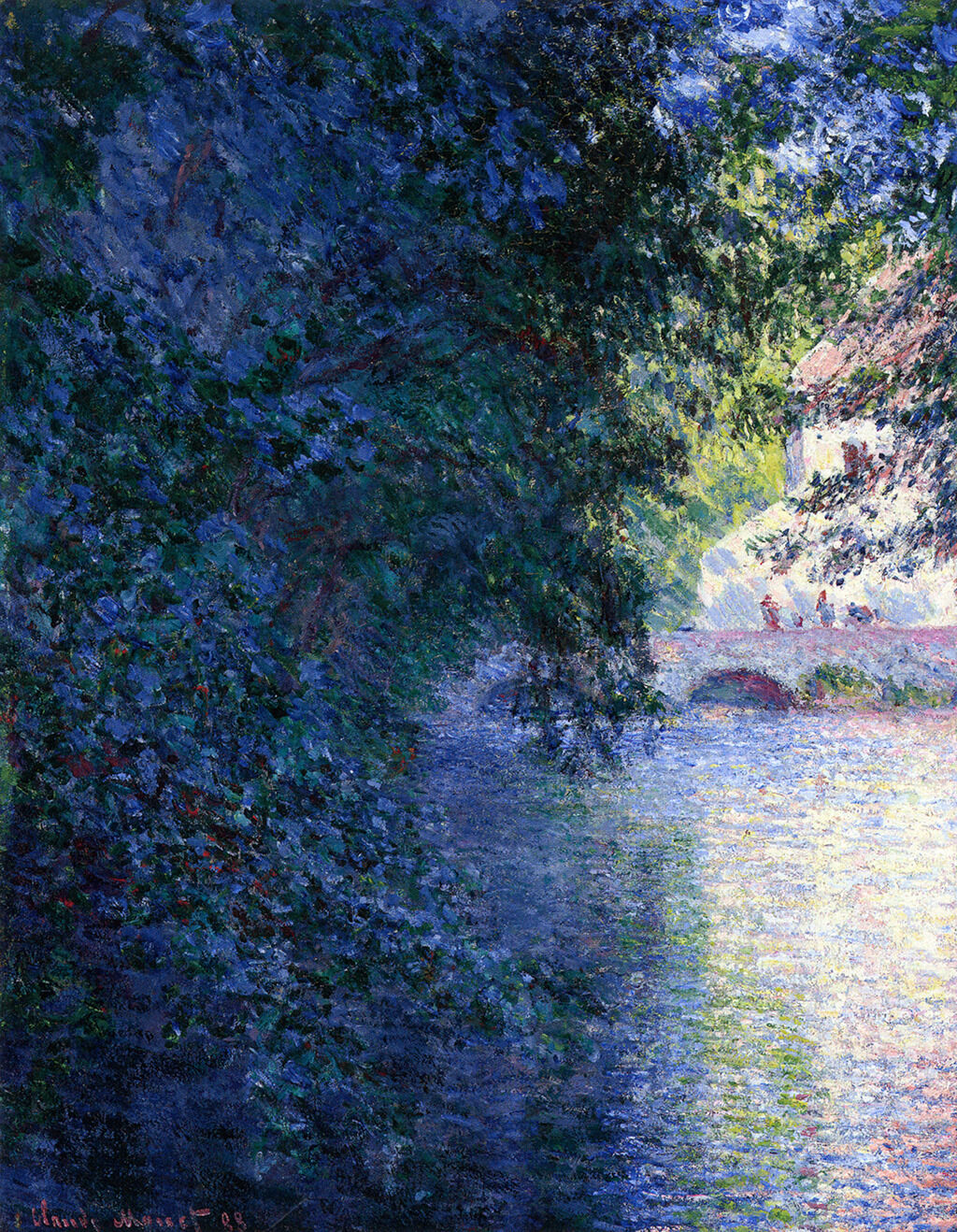 A painting of seemingly a green branch reflecting on top of calm water. The color consists almost entirely of in darker shades of blue. The background consists of a bridge and a building.