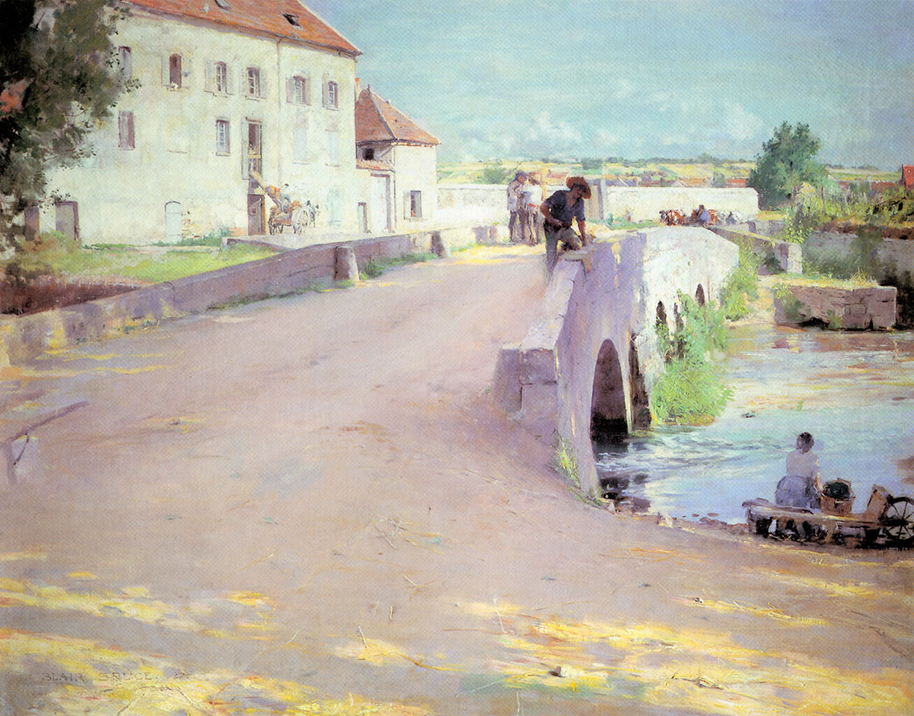 A painting depicting a stone bridge with its sides covered in vegetation cuts across a river towards a small town in the distance. A woman sits along the riverbank and stares into the water. A group of people walk on the bridge. Behind them, is a large building with two rows of windows and an orange-angled roof.