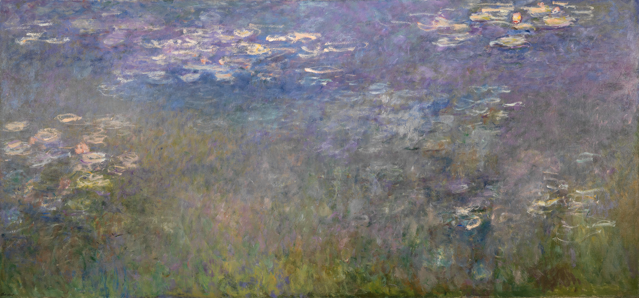 Impressionistic view of a pool with three main groups of waterlilies executed in greens, blues, pinks, purple, and white.