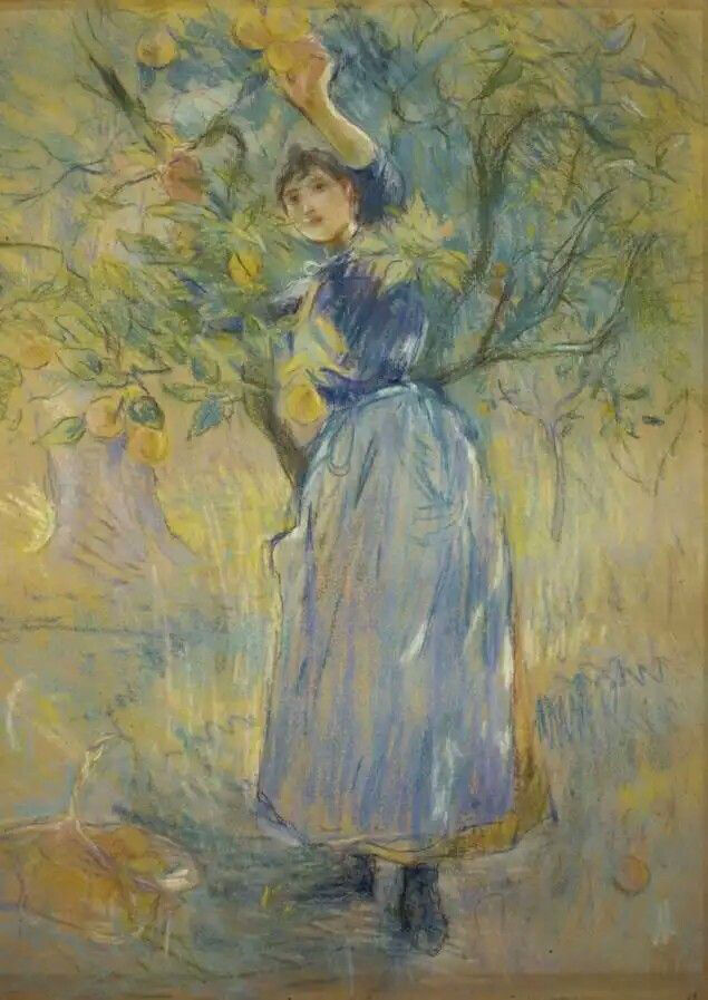 A pastel drawing of a girl in a blue dress picking oranges off of a small tree.