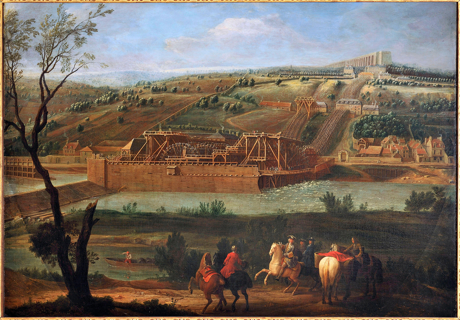 A painting depicting a river cutting through a vast green and brown countryside. Among them, are small towns and a massive and long stone structure in the distance. In the foreground, there is a group of people riding their horses near a tree with a missing limb. Behind them, is a person rowing a small wooden boat through the river. On the bank is a large complex wooden structure. The background consists of a blue sky with white clouds.