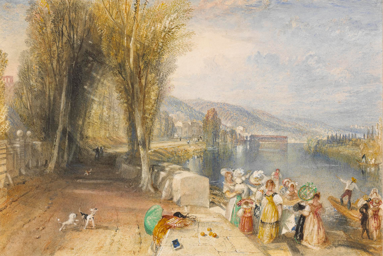 A painting depicting a crowd of people wearing large, feathered hats and colorful dresses. They are standing on the edge of a bank near a blue calm river. The group waves to and greets a man standing on top of a small wooden boat. Also in the river, there is another wooden boat filled with passengers. To the left of the group are three dogs standing on a dirt path that cuts under two tall trees and leads to a town in the distance. In the background are large green hills and tall trees. The sky above is cover by an overcast of large clouds.