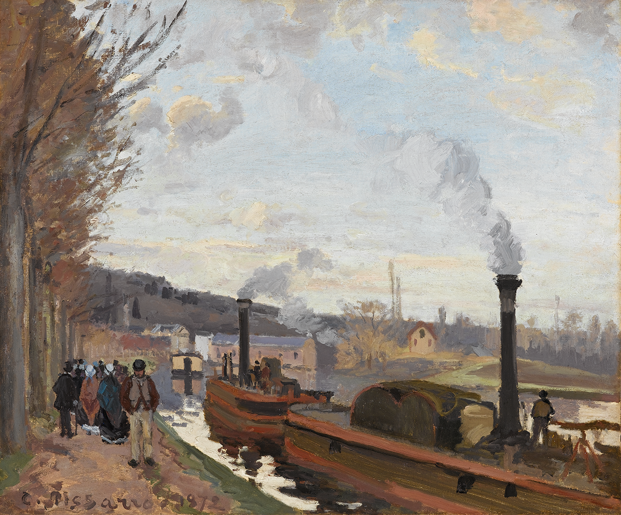 A painting of two red and brown steamboats creating clouds of smoke that sail through a river towards a town. To the left of the vessels are a group of people walk on the dirt path near a wall of trees with brown leaves. The sky above has a faint blue color and some clouds scattered across the sky.
