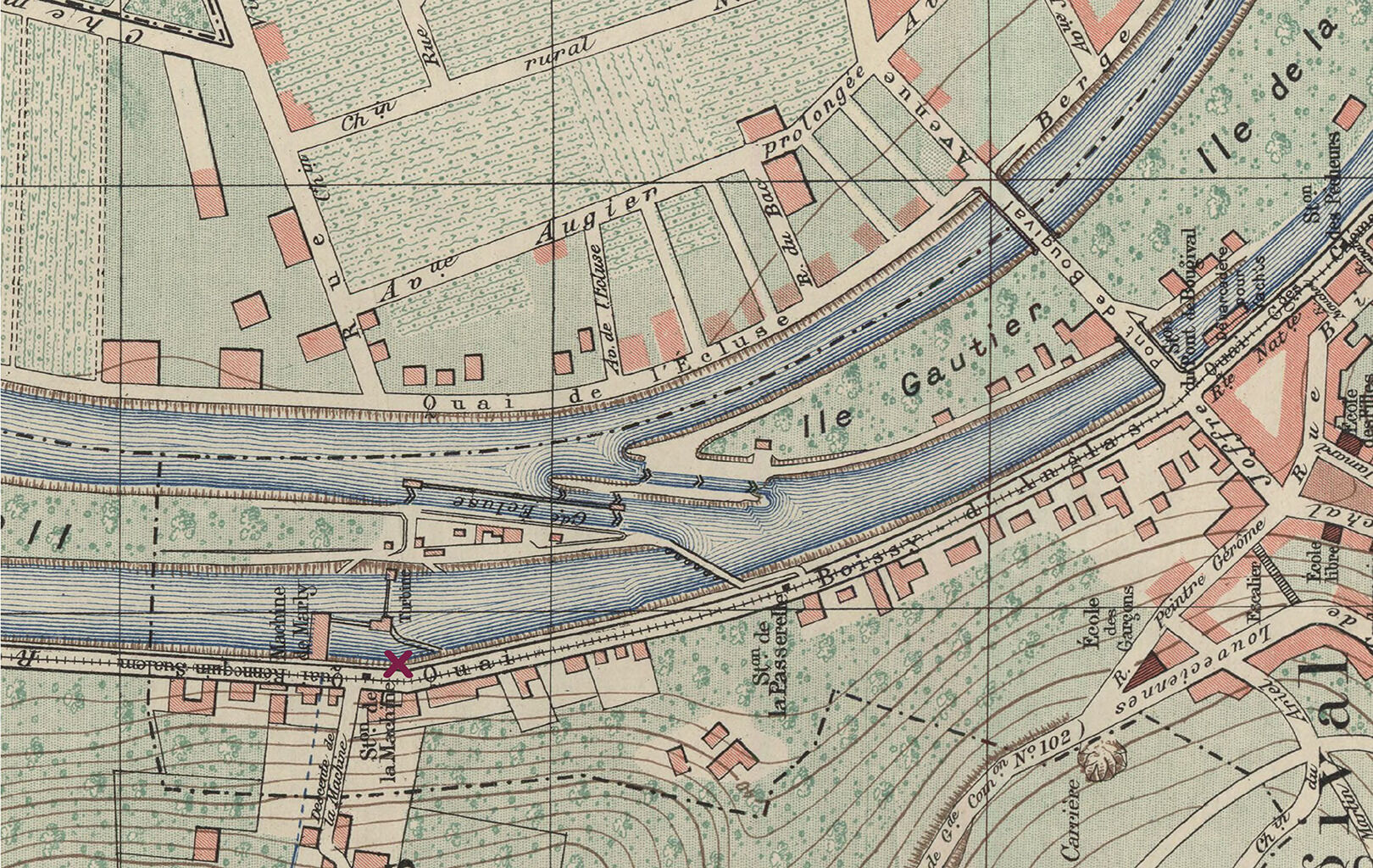 A photograph of a map showing a top-down view of two rivers that merge and the towns in light red squares and bridges near them. Next to the river on the bottom is a red &ldquo;X.&rdquo; The map is covered with a grid.