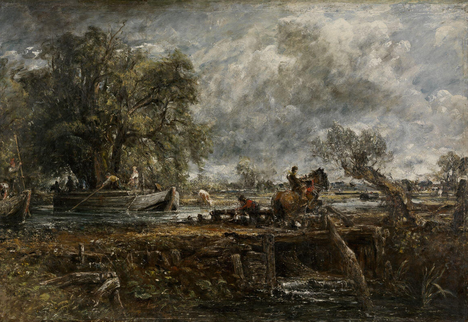A painting depicting a group of men near a small stream of water in a forest area. On are two small groups of people that are rowing wooden boats through the stream. On the bank, a man is riding on a horse and crossing a small bridge. The sky is covered with large gray clouds.