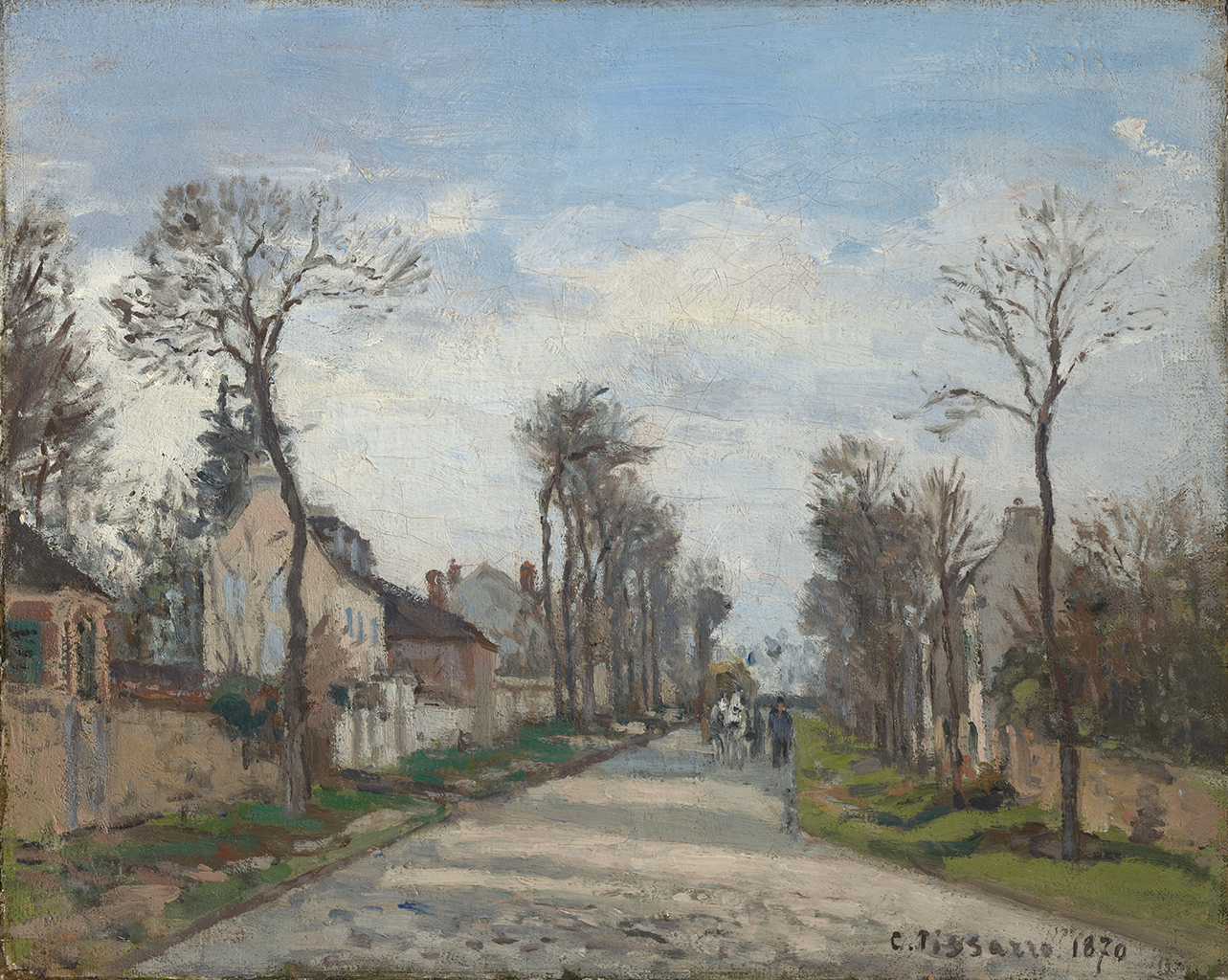 An impressionist-style painting of a road between a set of buildings and trees. On the path, there is a carriage being pulled by a white horse. Near it, is a figure also walking.