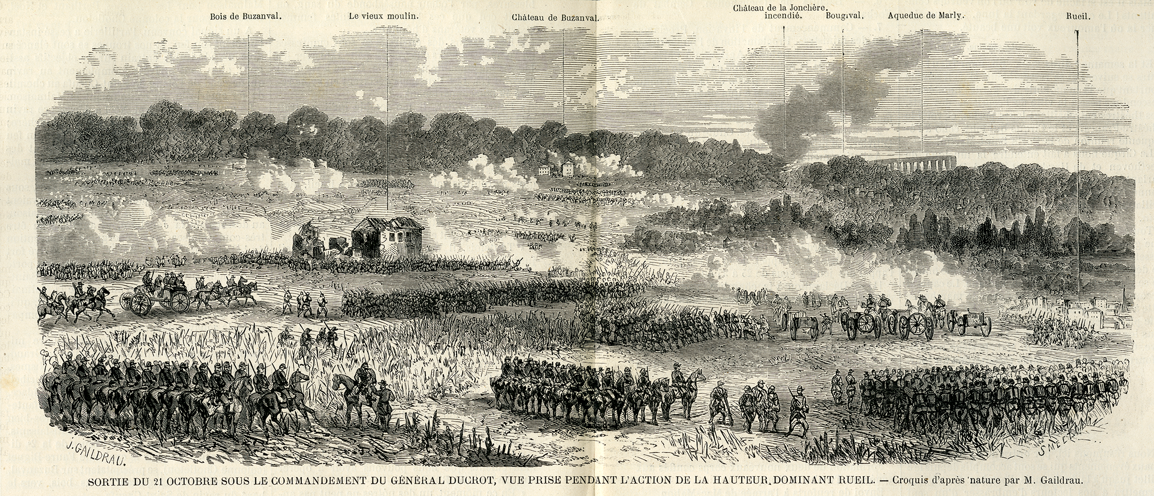 A photograph of a black and white print depicting large groups of soldiers and cavalry overlooking a vast battlefield. The grass and dirt field has smoke and buildings scattered around. In the background, there is a forest lined with trees.