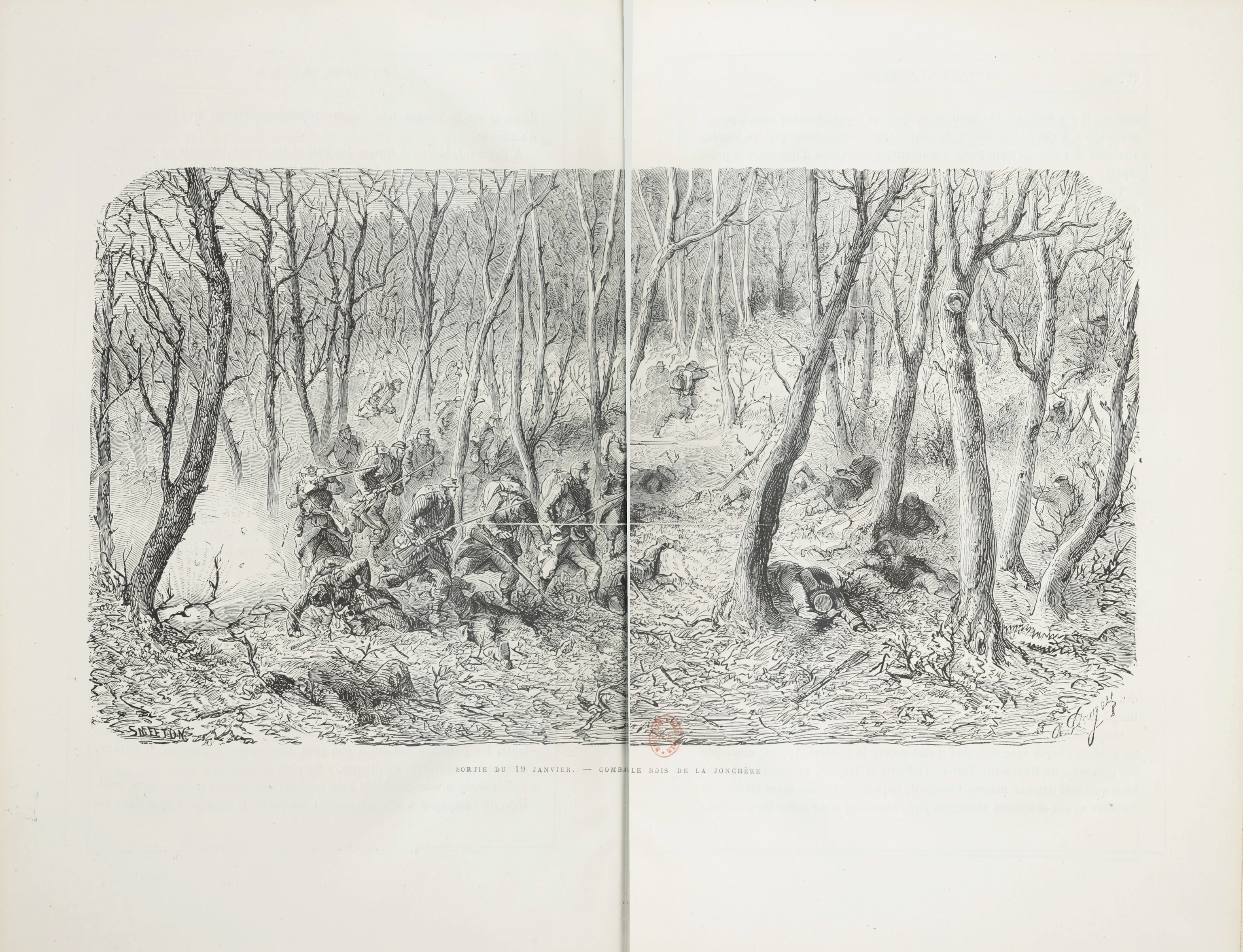A photograph of a black and white print, a group of soldiers firing rifles in a battle in a forest. Some figures lay dead against the leafless trees that surrounded them.