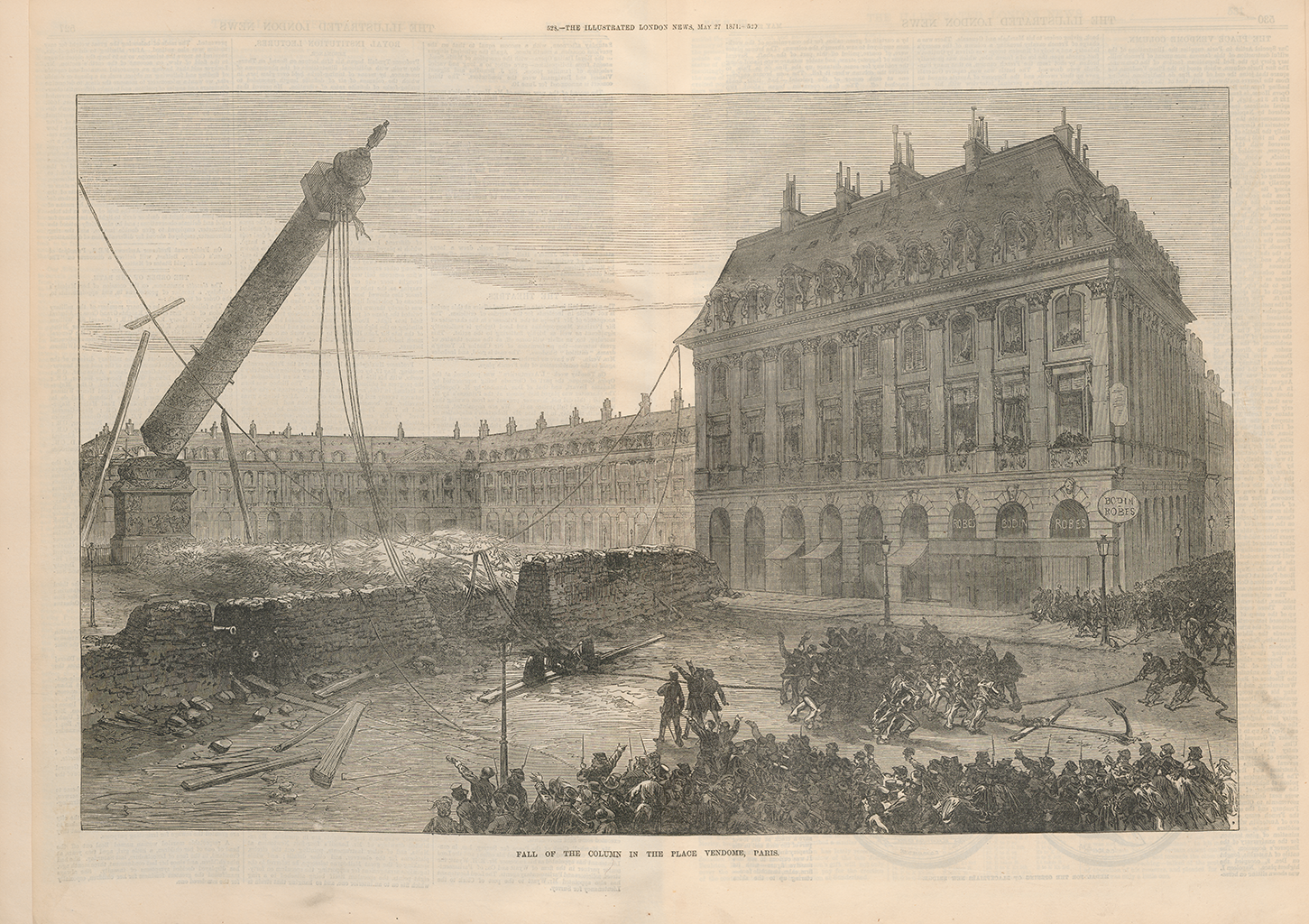 A photograph of a black and white print depicting a large group of people standing around a large building. They stand facing toward a crumbling wall. In the image, there is also a large pillar being brought down by ropes.