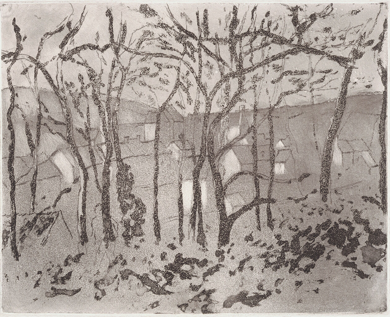 A painting depicting a series of large trees along the bank or shore of a calm lake. There is also the back of a man staring at a lake next to three brown and white cows. On the other side of the lake are mountains or hills. The sky above is filled with gray clouds.