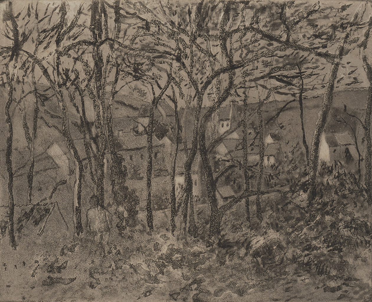 A black and white sketch of black leafless trees overlooking a large town shaded in the color gray.