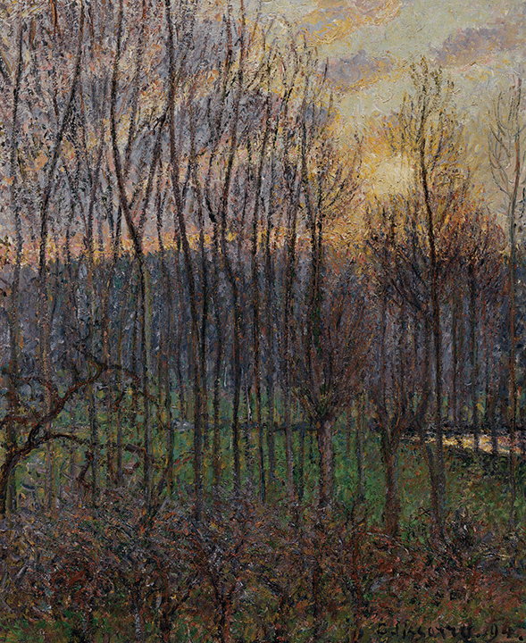 Evening landscape with slender, bare, black trees through which is seen rosy gold sky.