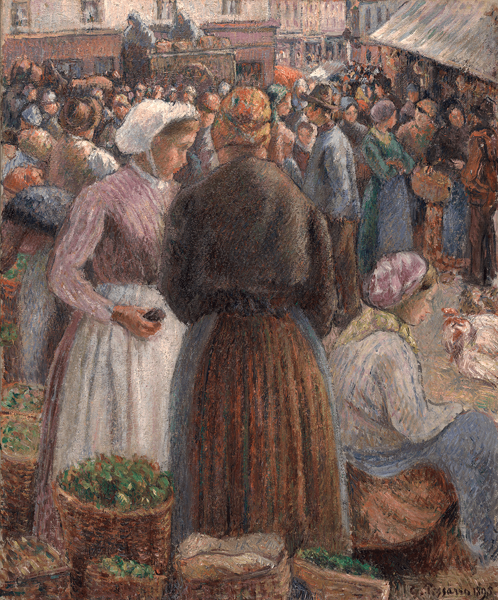 Crowded market scene, two standing women in foreground, seated woman with chickens, baskets of vegetables.