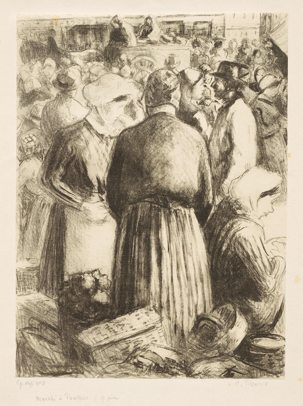 A black and white sketch of showing a woman with her back turned and facing another woman who wears a pink and white dress in a market full of people. To their right a woman with a pink cap and a blue dress sits. The women are surrounded by baskets full of produce which are being sold. Behind the women, is a crowd of people varying in color and height. In the background there are people on top of what seems to be a carriage along the sides of buildings with windows.
