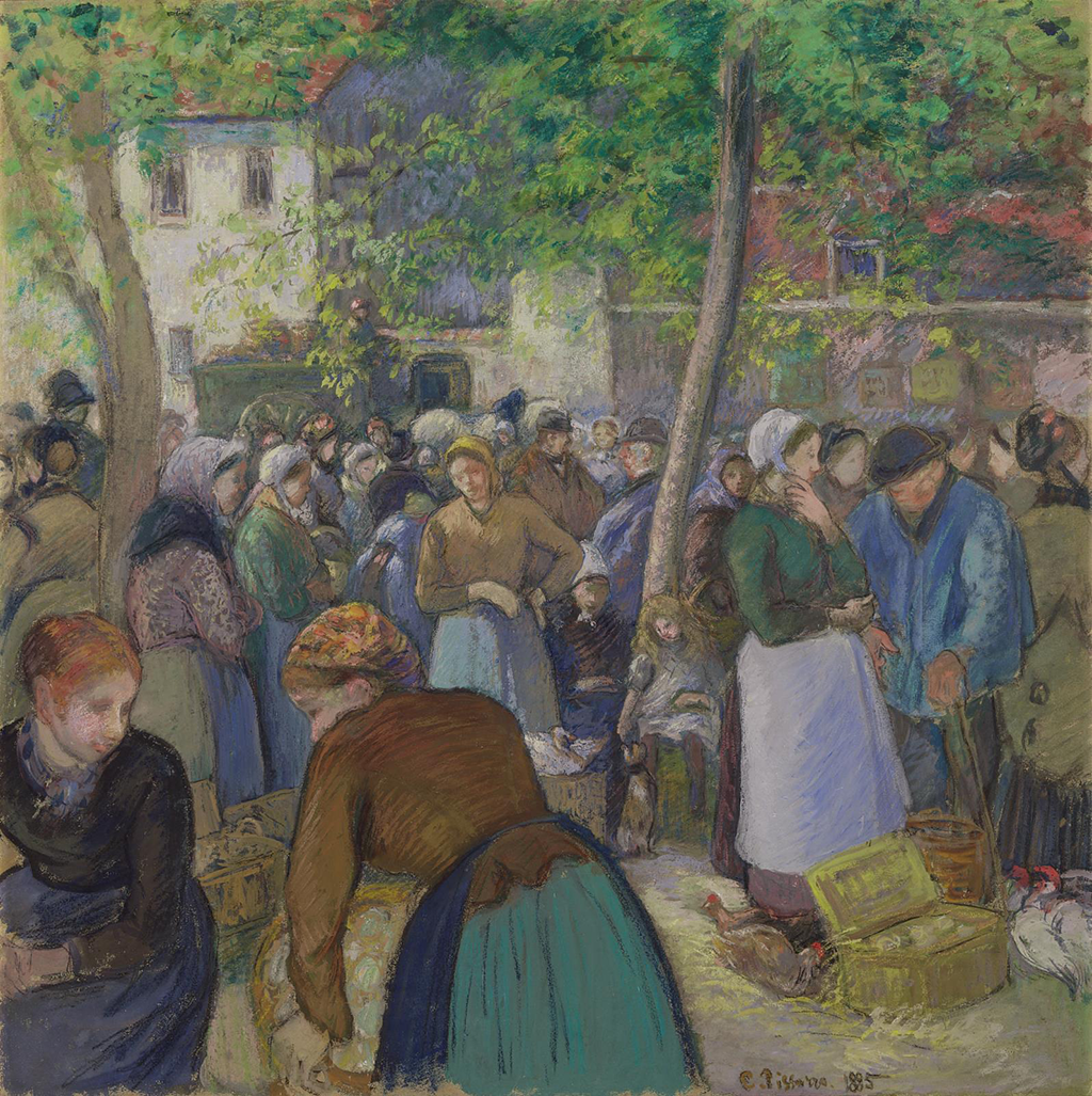 A painting of a large gathering of people standing and talking amongst themselves under brown trees with green trees in a park. Behind the group, stone walls leading to a couple of buildings.