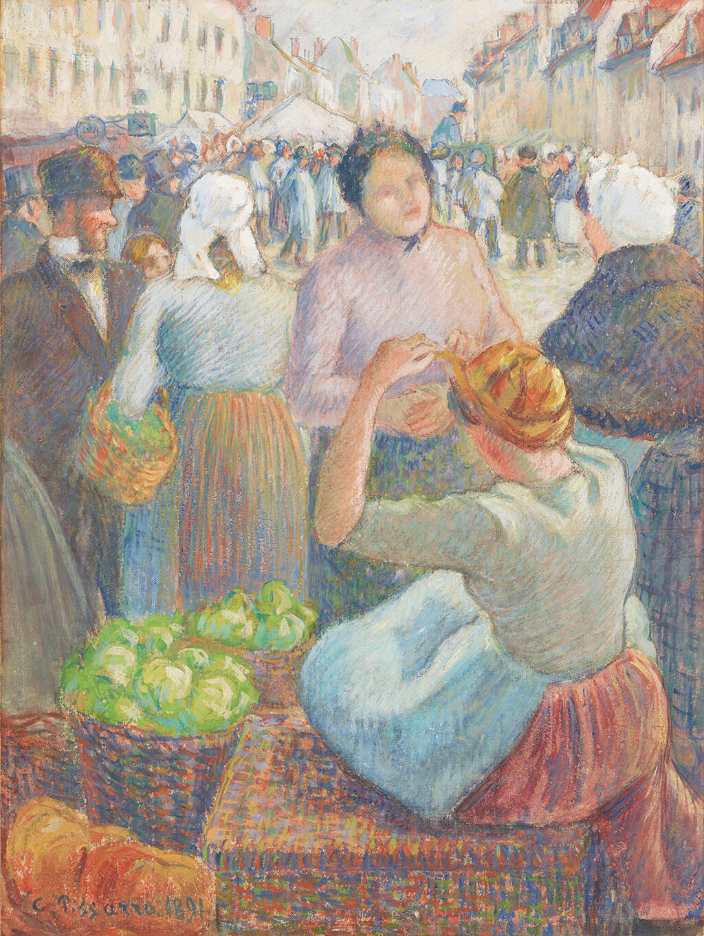 An impressionist style painting of a large gathering of people in a market between two burrows. In the foreground, a woman sits on a box near two baskets of green produce.