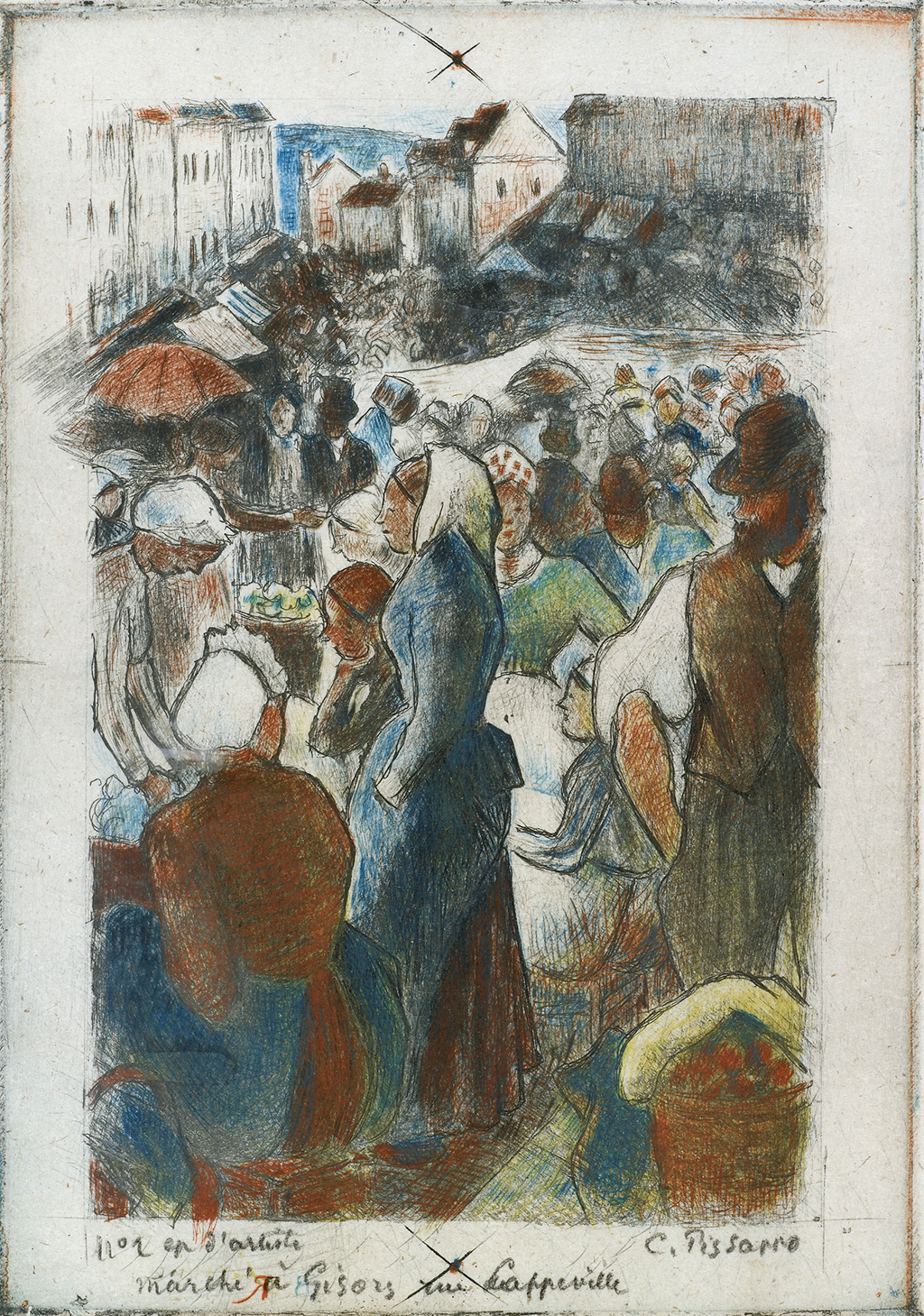 A sketch of a group of people in a marketplace talking with vendors and looking at their goods. The background is filled with more buildings that stretch toward the blue sky.