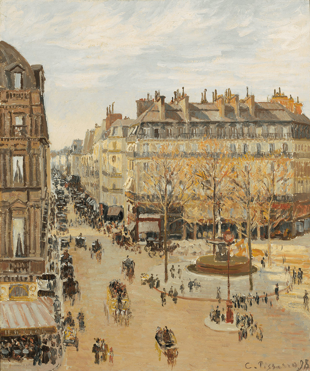 A large square at the intersection of two avenues painted from an elevated viewpoint. Clusters of figures and carriages populate the scene.
