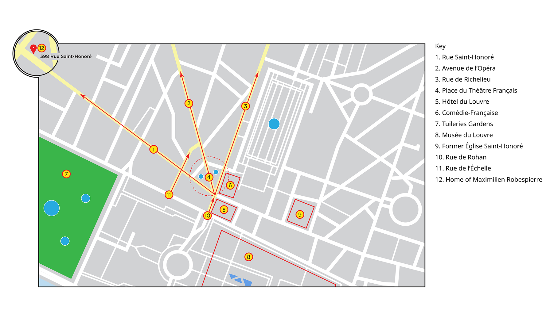 An image depicting a gray map of an urban area. On the map are red arrows and boxes which mark off certain areas in the map. The roads are made up with white lines while the buildings and urban environments are made up with gray. Outside of the map is a key with titles of areas marked.
