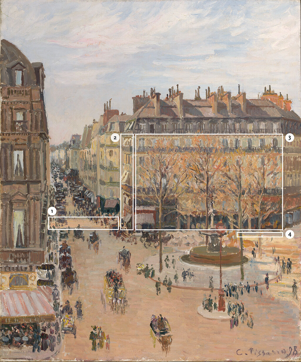 A painting depicting a road cutting through buildings that lead up to a fountain surrounded by leafless wooden trees. A large number of people are gathered around the circular stone fountain. The road near it is filled with carriages, shops, and people walking up and down it. The buildings have many windows and are created with a light brown color. Four squares white rectangles cover different sections of the painting.