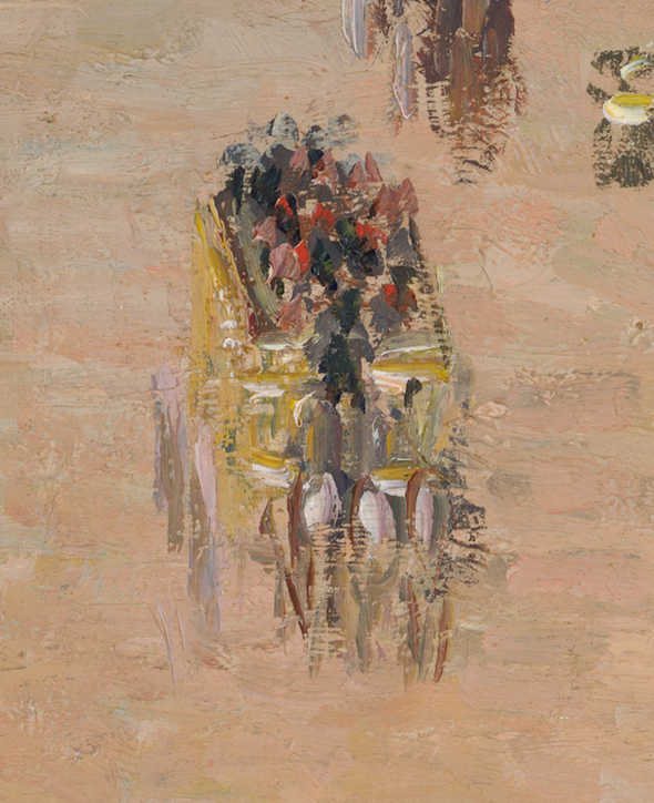 A zoomed in part of a painting depicting what seems to be a yellow horse drawn wagon or carriage with people or objects.