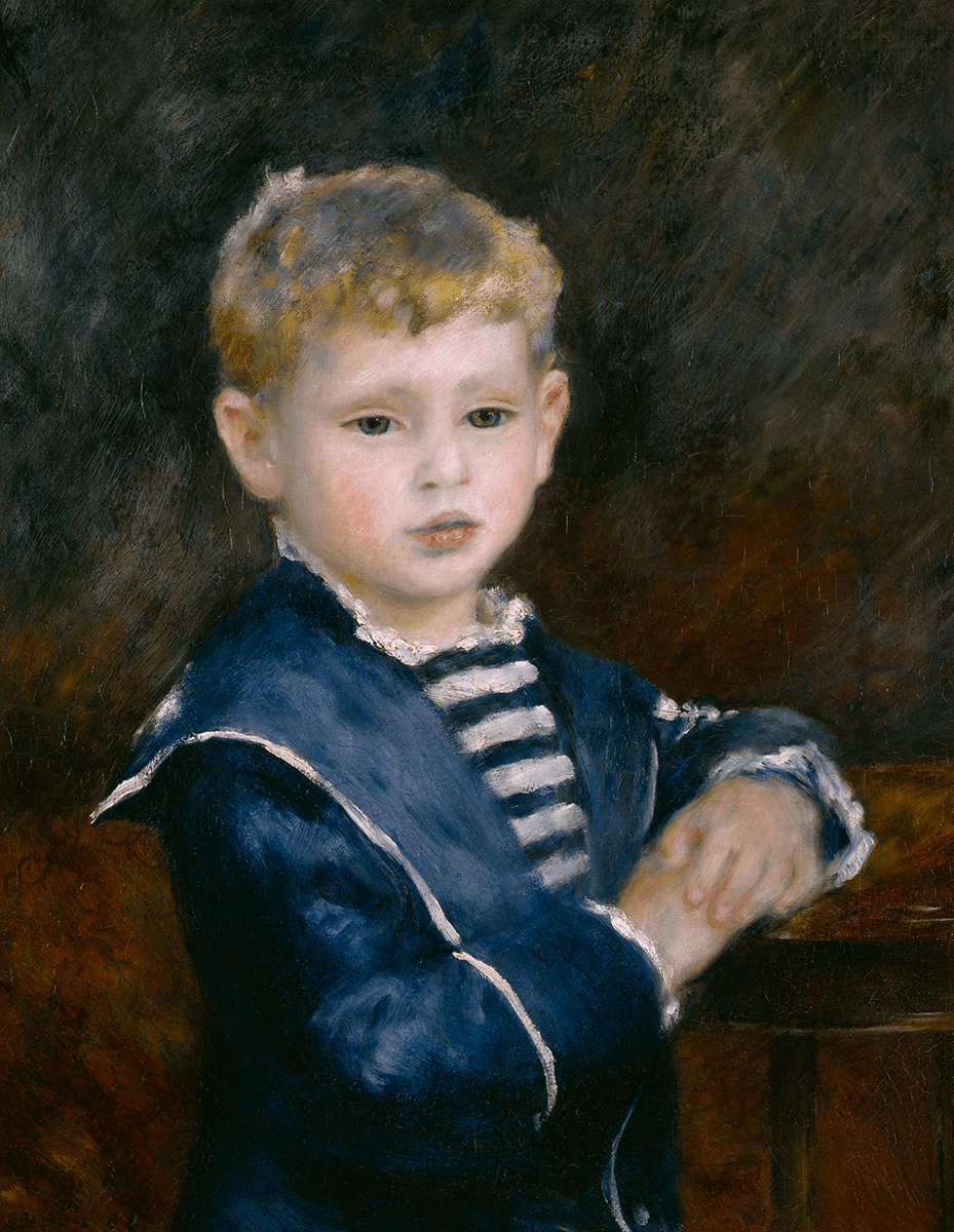 Half-length, full-face portrait of small, standing boy who wears dark blue, sailor suit with white piping, blue-and-white-striped jersey.