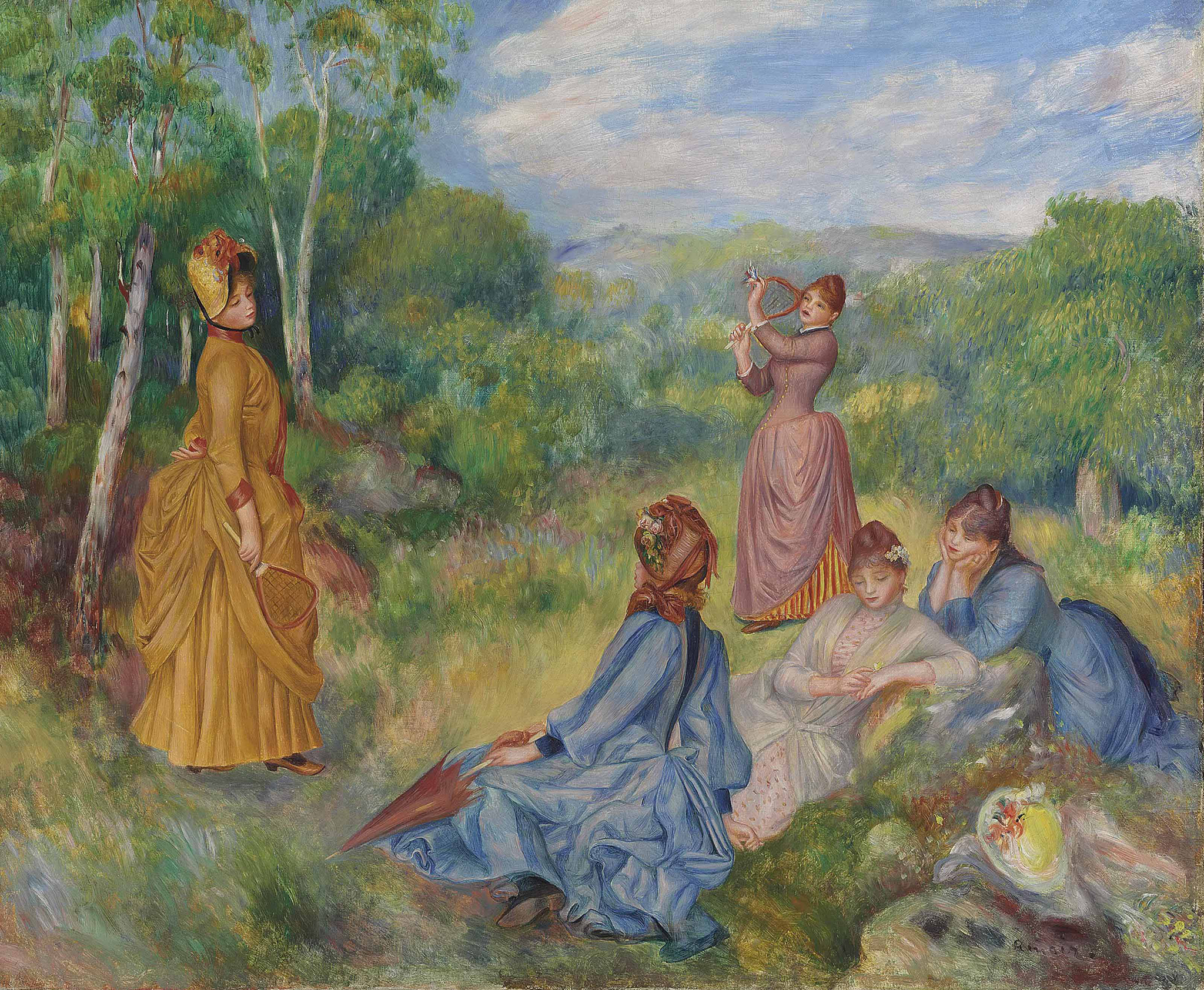 A painting depicting five women with colorful long dresses in a grass field within a forest. Two of the women laying against a large rock in the grass wear light blue, while the one in the middle wears a light gray. A woman with a pink dress stands in the field and plays with her pigtails. A woman wearing a yellow dress stands under the shade to the left.
