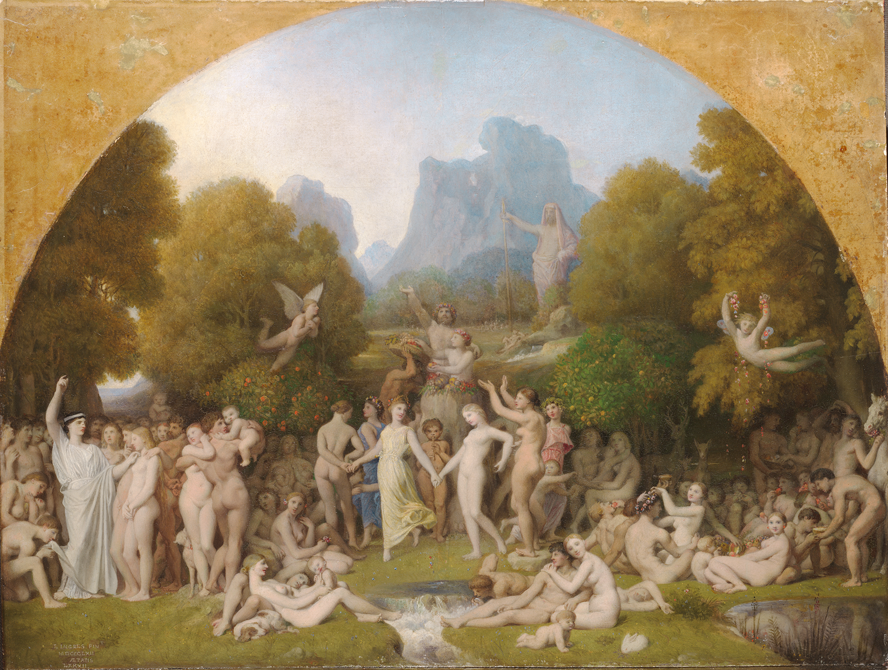 A painting depicting a large group of nude women huddled around a stone statue in a forest. Above them, are people with white wings flying and grabbing fruit from the trees. In the background is a larger statue that is overshadowed by a vast rocky cliff.