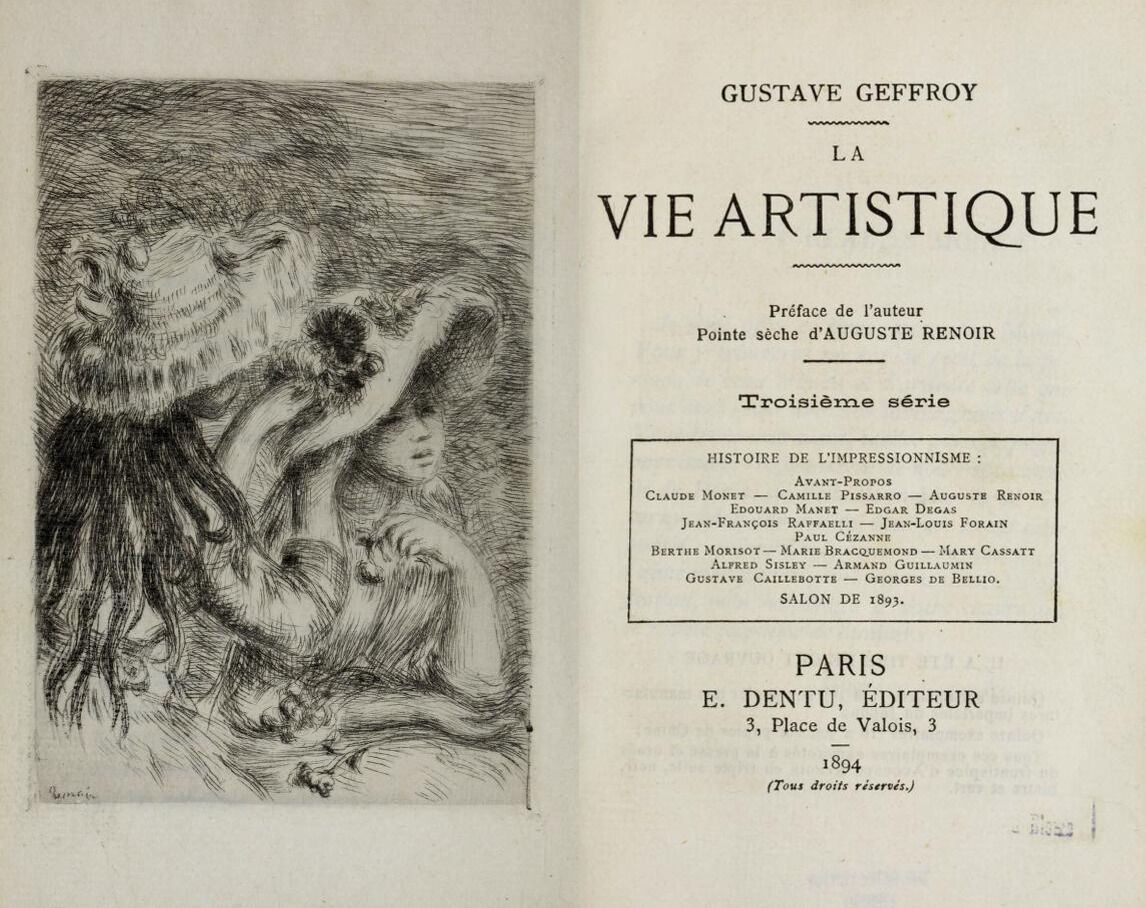 A photograph of a title page within a book or pamphlet. On the right side of the image is a black and white print of two women wearing large straw hats adorned with flowers.